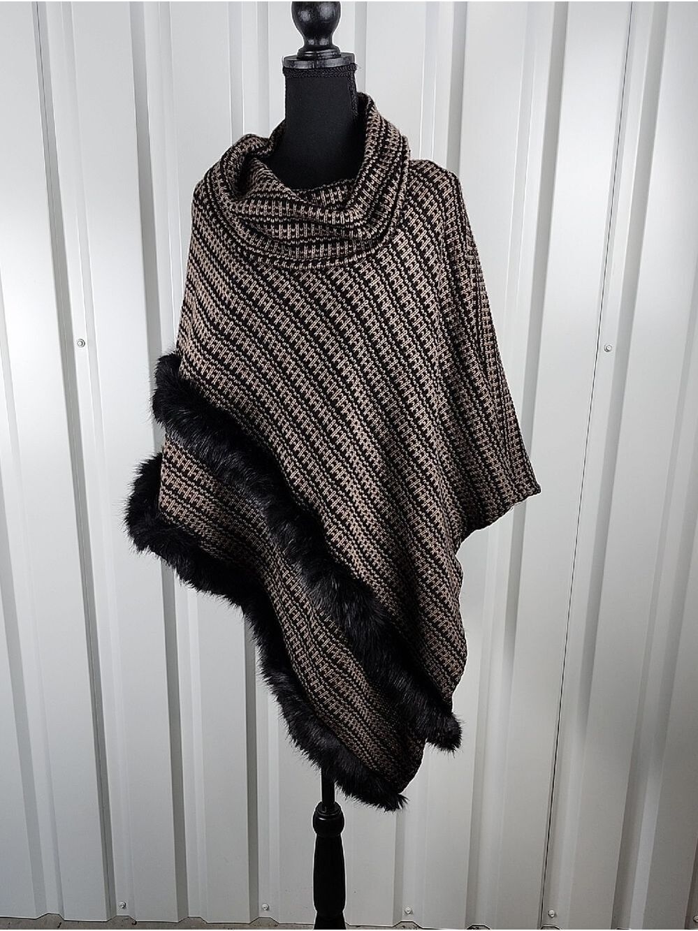 Joseph Ribkoff Womens Black Brown Knit Poncho Asymmetric Faux Fur Size S/M NWT